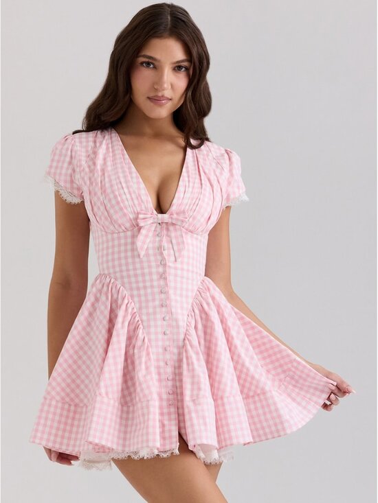 House of CB Dresses & Skirts - House of CB Emiliana Pink Gingham Cotton Mini Dress Size M Regular Length NWT